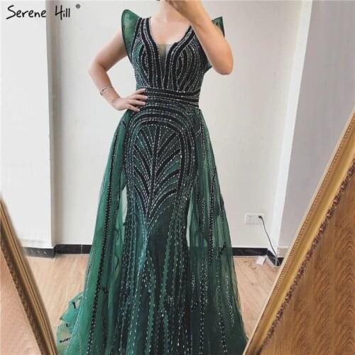 Dubai Navy Blue Deep-V Sexy Evening Dresses 2020 Sleeveless Crystal Luxury Mermaid Evening Gowns Design Serene Hill LA70198