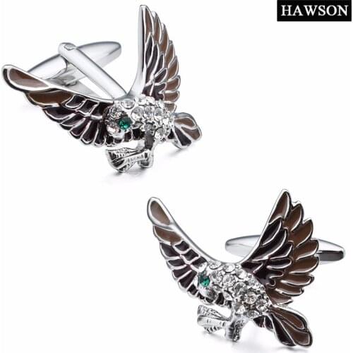 HAWSON Boutique Cufflinks Brown Eagle/Hawk with Green Eyes Crystal Inlaid Cuff Links for French Cuffs/Shirts Gift for Men