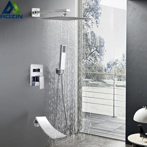 Chrome Waterfall Rain Shower Set In Wall Stainless Steel Rainfall Shower Faucet Plastic Handshower Rotate Spout Bath Shower Tap