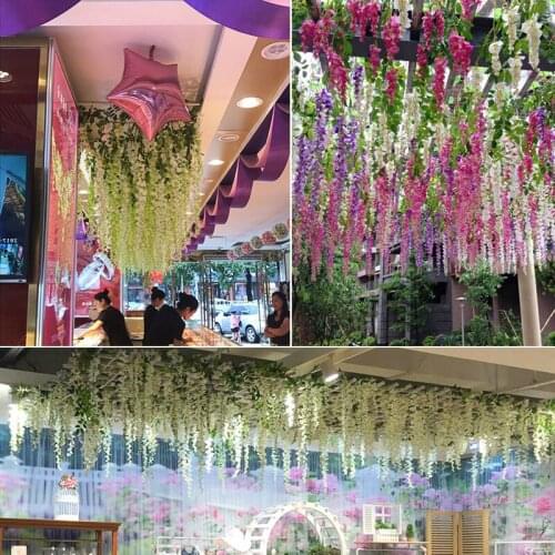 Wisteria Artificial Flower Vine Wreath Wedding Arch Decoration Fake Plant Leaf Rattan Trailing Fake Flower Ivy Wall