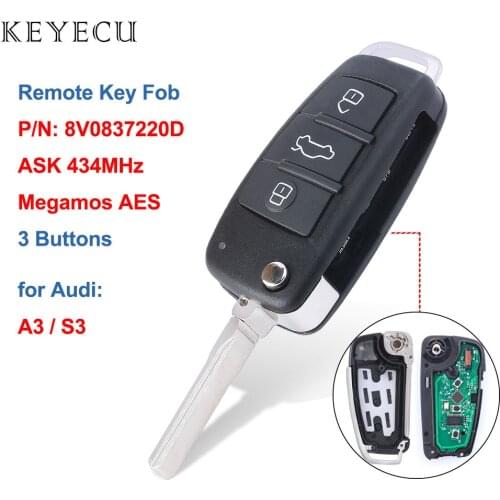 Keyecu 8V0 837 220D 434MHz Keyless Remote Car Key Fob for Audi A3 S3 2012 2013 2014 2015 8V0837220D
