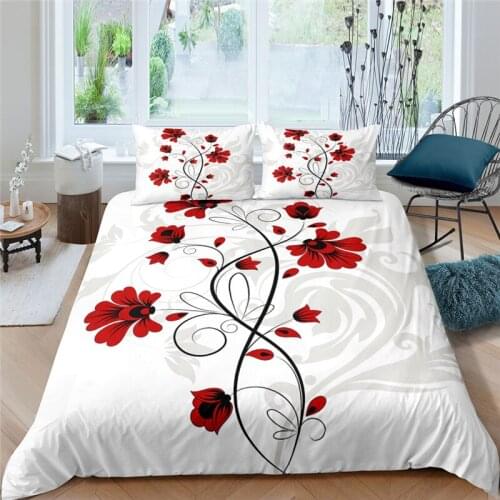 Luxury 3D Red Flower Printed 2/3Pcs Bedding Sets Plant Pattern Duvet Cover Pillowcase Home Textile Queen and King EU/US/AU Size