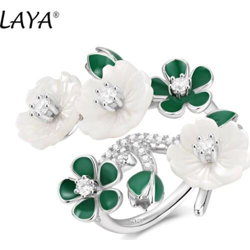 Laya 925 Sterling Silver High Quality Zircon Natural Shell Flower Green Leaf Enamel Fashion Jewelry Ring For Women 2021 Trend
