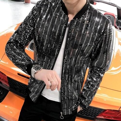 Men Shiny Sequins Long Sleeve Zipper Closure Jacket Nightclub Singer Slim Fits Coat with Pockets Stand Collar Outerwear
