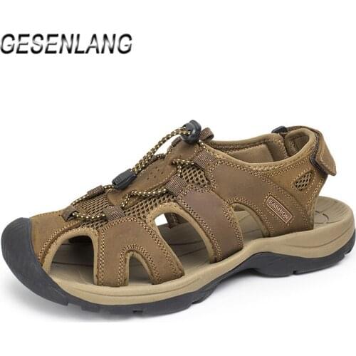 2020 Mens Sandals Genuine Leather Closed Toe Summer Beach Pool Outdoor Fishing Wading Hiking Casual Big Size Male Walking Shoes