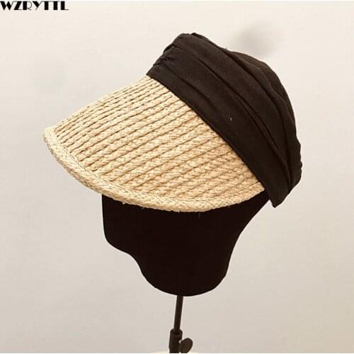2019 New Wide Brim Woven Raffia Visor Hat Women Sun Beach Cap Female Empty Top Summer Straw Hat Girl Duck Tongue Sunscreen Hat
