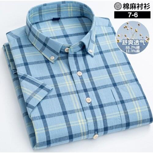 Pure Color Striped Plaid Shirt Hemp Shirt Cotton Linen Mens Shirts Short Sleeve Summer Casual Loose Shirts for Men Clothing
