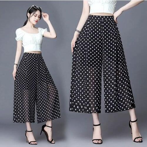 Fashion Chiffon Polka Dots Nine Point Wide Leg Trousers Summer High Waisted Thin Section Drape Elegant Pants With Lining zh932