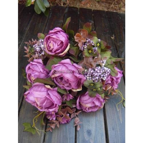 SPR Bride holding flowers14 Happy Roses Wedding artificial flowers Bouquet 4 Colors Available silk flower table flower