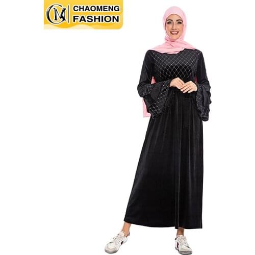 Middle East Winter Designs Long Flare Sleeve Velvet Caftan Maxi Turkey Muslim Women Dress Kaftan Dubai Abaya Islamic Clothing
