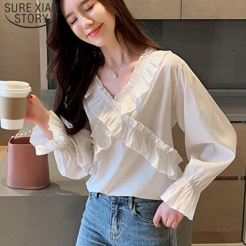 2021 Fall New Korean V-Collar Chiffon Shirt Women Long Flare Sleeve White Solid Fashion Ladies Tops V-neck Full Spliced 5681 50
