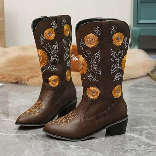 Embroidery Cowboy Boots For Women Autumn Westerm Boots Retro Booties Women Ladies Shoes Botas Mujer