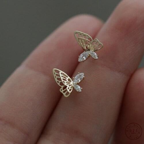 925 Sterling Silver European Simple Asymmetric Hollow Butterfly Stud Earrings Women Inlaid Crystals Exquisite Wedding Jewelry