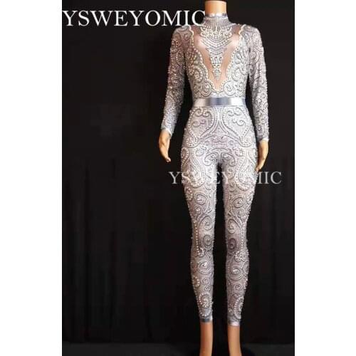 New Style Silver Jumpsuit long Sleeves Spandex Jumpsuit Rhinestones Leggings One Piece Womens Stage Costume Nightlcub outfit