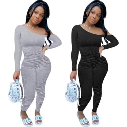 Casual Stacked Leggings Rompers Womens Jumpsuit Women Sexy Off Shoulder Long Sleeve Ruched Pencil Pants Bodycon Jumpsuit Women