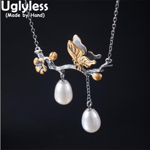 Uglyless Natural Pearls Tassels Chokers Necklaces for Women Thai Silver Ladybug Butterfly Pendants 925 Silver Jewelry + Chains