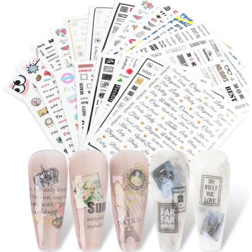 1pcs 3D Nail Stickers Vintage Newspaper Letter Love Adhesive Decals Valentines Rose Flowers Manicure Decorations LYCA017-409