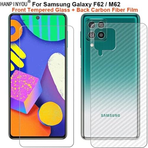 For Samsung Galaxy F62 / M62 6.7" 1 Set = Soft Back Carbon Fiber Film + Ultra Thin Tempered Glass Front Screen Protector