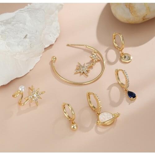 6pcs/set Gold Small Hoop Earrings for Women Star Pearl Planet Pendant Earrings Zircon Crystal Drop Earrings Fashion Design Gift
