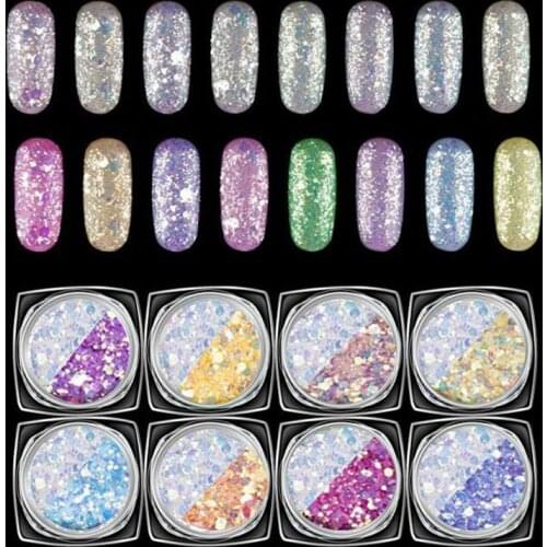 8 Boxes/set Phosphor Powder Mix Size Face Eye Body Art Iridescent Nail Glitter Power Sequins 3D UV Gel Nail Art Decoration MT081