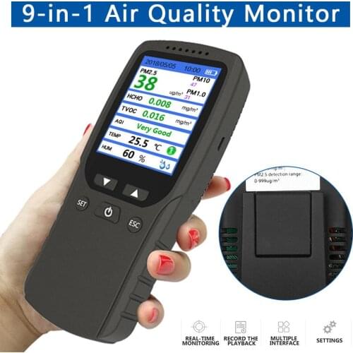 9in1 Home Safety Air Quality Monitor PM2.5 Formaldehyde Detector Temperature Humidity Meter Pollution Tester Sensor TVOC Tester