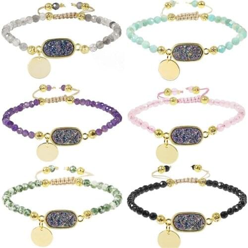 SUNYIK 4mm Faceted Stone Beads Bracelet,Oval Titanium Coated Quartz Druzy Crystal,Adjustable Wristband 6"-7.8"