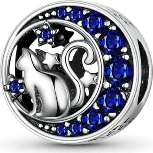 New 925 Sterling Silver Cat on the Moon Charm Bead Fit Original Pandora Bracelet DIY Jewelry For Women