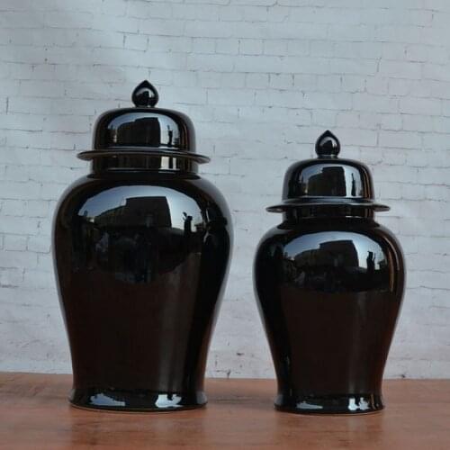 Handmade Black Ceramic temple Jar Chinese Style Vase With Lid Pot Model Room Hotel Soft Decoration porcelain Ginger jar