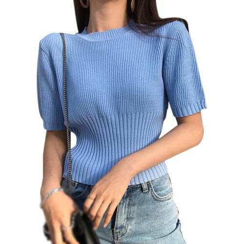 Summer Knitted T Shirt Women Casual Slim Short Sleeve Tee Shirts Korean Style O Neck Tops