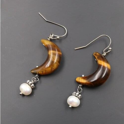 FYJS Unique Silver Plated Crescent Moon Natural Tiger Eye Stone Earrings with Synthetic Pearl Rock Crystal Jewelry