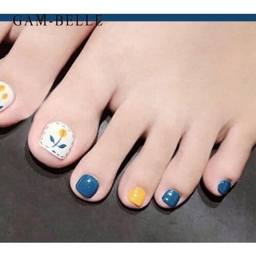 GAM-BELLE Small Fresh Blue Flower False Toe Nails Square Full Cover Artificial Press On Nails Decoration DIY Toenails Tips