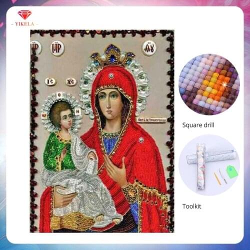 YIKELA Virgin Mary Child DIY Diamond Painting Cross Stitch Religion Icon 5D Diamond Embroidery Mosaic New Year Decoration Gift