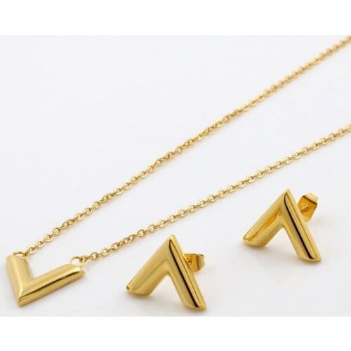 Luxury Brand Gold Silver Color Jewelry Sets V Pattern Stud Earrings Pendant Necklace Jewelry Sets For Woman Man
