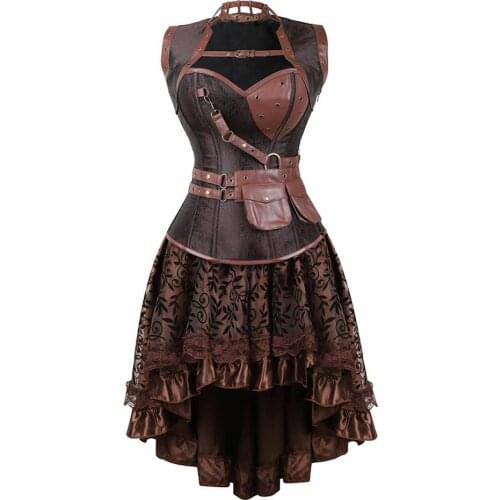 Steampunk Corset Skirt Brocade Bustiers Masquerade Party Dresses with Jacket and Belt Pirate Carnival Party Steel Boned Costumes