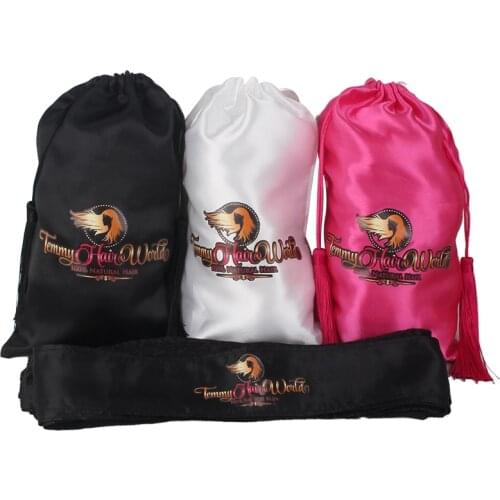 Custom logo brand name printed Virign hair extensions bundles packaging bags with luxury tassel wigs wrapping head band bonnets