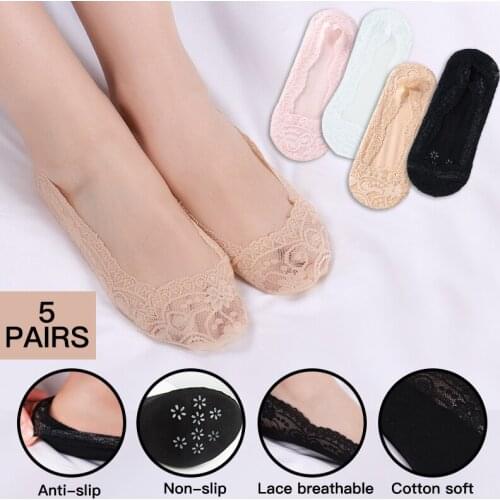 5 Pairs/Pack Women Fashion Cotton Invisible Anti-slip Ankle Socks White No Show Kawaii Lace Sock Slippers Breathable Ladies Sexy