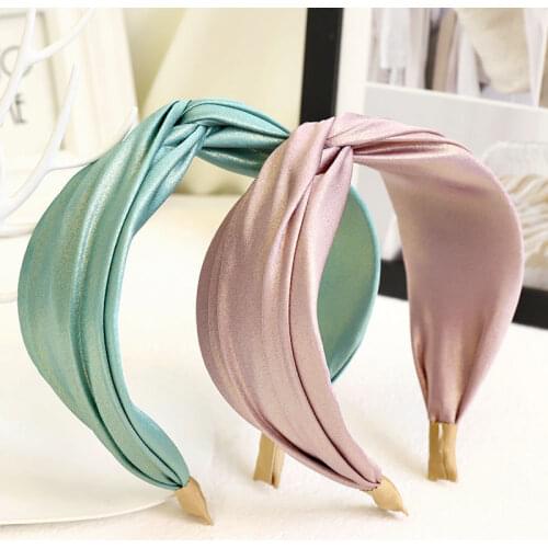 Korean New Headband Fashionable Bright Silk Cloth Wide Brim Headdress Hairbands Cross Women Girls Headwear Bright Solid Color