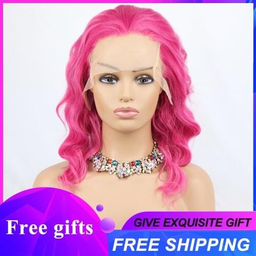 Lolita Cosplay Wigs Natural Long Hair Red Color Body Wave Synthetic Lace Front Wig Hot Pink Color HD Lace Frontal Wigs for Women