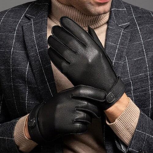 High Quality Mens Sheepskin Leather Gloves Black Autumn Winter Cycling Mittens Warm Touch Screen Male Windproof Driving S2193