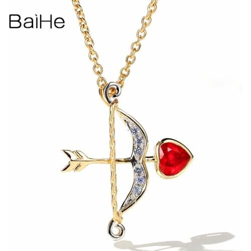 BAIHE Solid 18K White+Yellow Gold 0.20ct Heart Ruby Trendy Fine Jewelry Engagement Beautiful Archery Ruby Pendant Necklaces