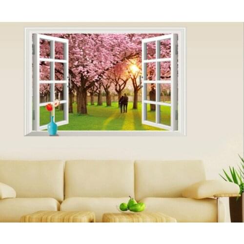 Romantic Flower Tree Fake Window Wall Sticker Cherry Blossom Tree Wall Sticker Bedroom Living Room Waterproof Wall Sticker
