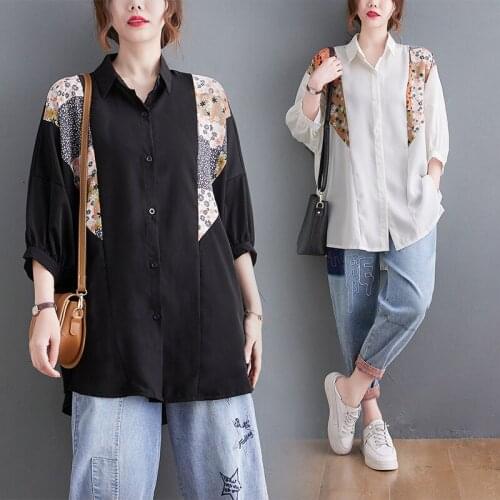 Turn-down Collar Ladies Shirt Solid Color Patchwork Floral Print Loose Casual Large Size Oversized Ethnic Vintage Women Shirts