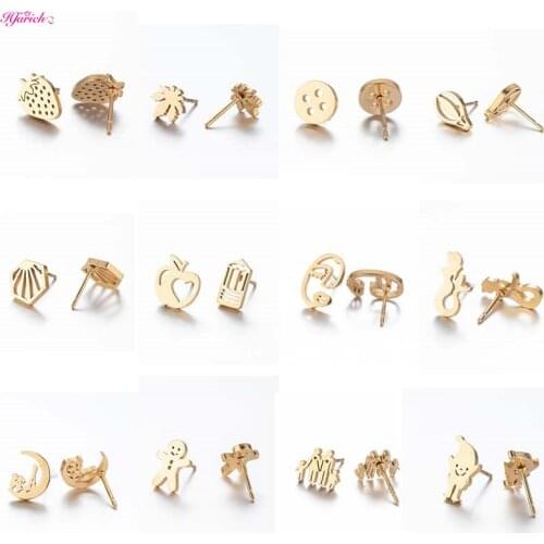 Gold Stainless Steel Geometry Hexagon Mini Earrings for Women Simple Mermaid Strawberry Apple Maple Leaf Girl Face Stud Earring