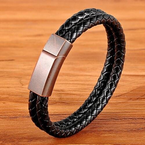 XQNI Popular Design Vintage Buckle Rose Gold Color Genuine Leather Bracelet For Men Braided Combination Accessories Jewelry Gift