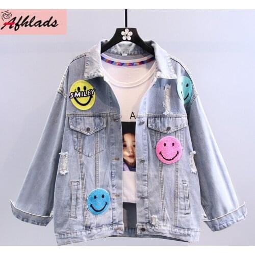 Cartoon Denim Jacket Female Spring And Autumn 2021 New Korean Loose Outerwear Hole Turn-Down Collar Casual Casual Women Coats