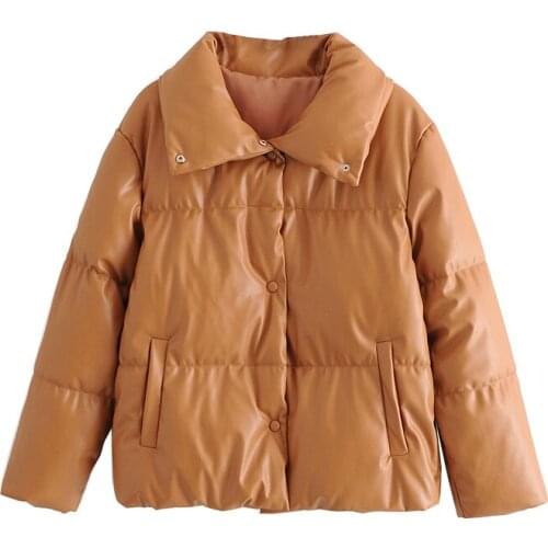 Female Outerwear Chic Tops Women Fashion Faux Leather Thick Warm Padded Jacket Coat Vintage Long Sleeve Pockets