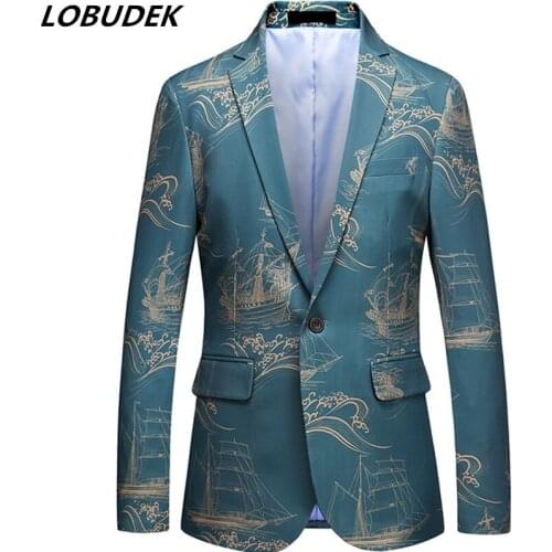 European Style Oversize Blue Fashion Pattern Blazer Stylish Slim Fit Printed Casual Coat Prom Host Stage Nightclub Suit Jacket