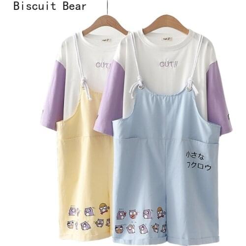 Sweet Style Two Piece Set Women Letter Embroidery Patchwork T Shirts And Cartoon Print Pockets Overalls Shorts Harakuju Sets