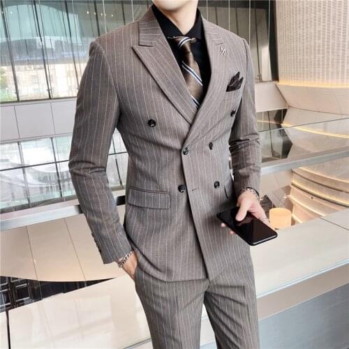 2021 British Double-breasted Business Casual Formal Mens Suit Two-piece Striped Suit Tuxedo Groom Suits for Men Wedding