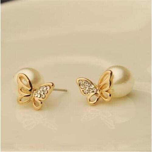 Free Shipping Jewelry Crystal Gold Butterfly Imitation Pearls Stud Earring Charm Exquisite elegant temperament Bijouterie Women